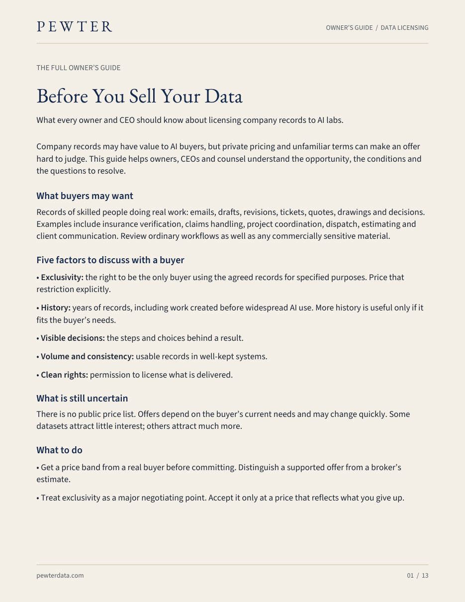 Cover of the Pewter owner's guide: Before You Sell Your Data